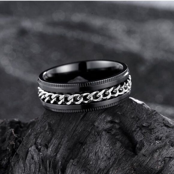 Men's Black and Silver Chain Ring - Picture 1 of 7
